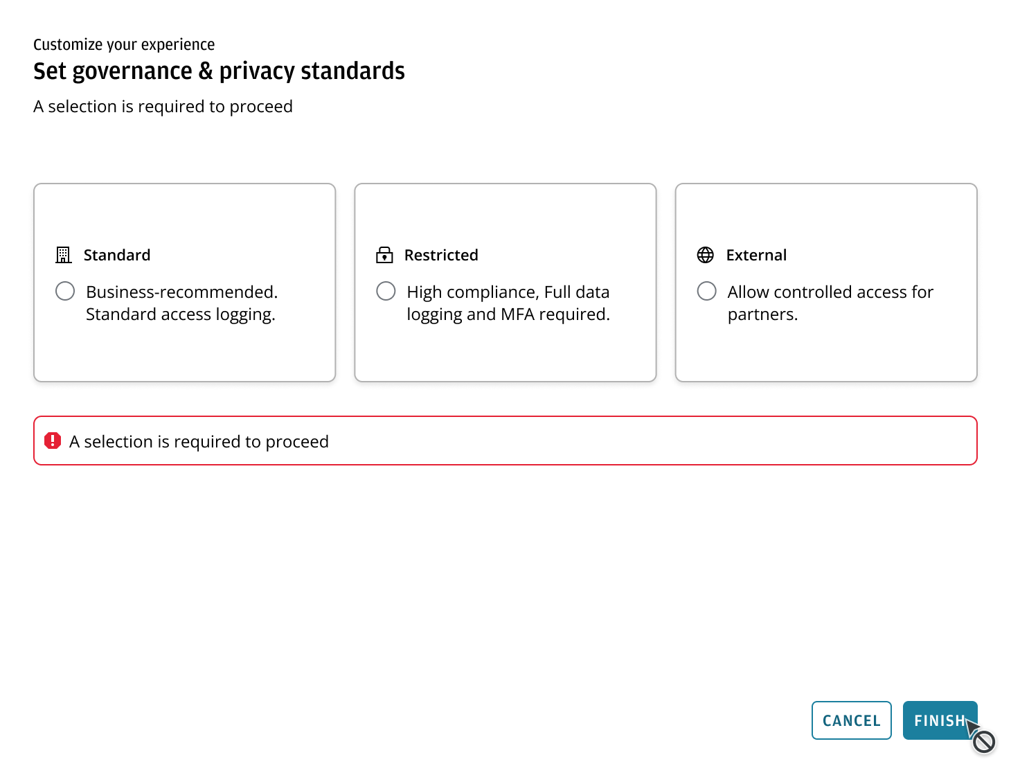 An example for mandatory preference for an experience customization pattern